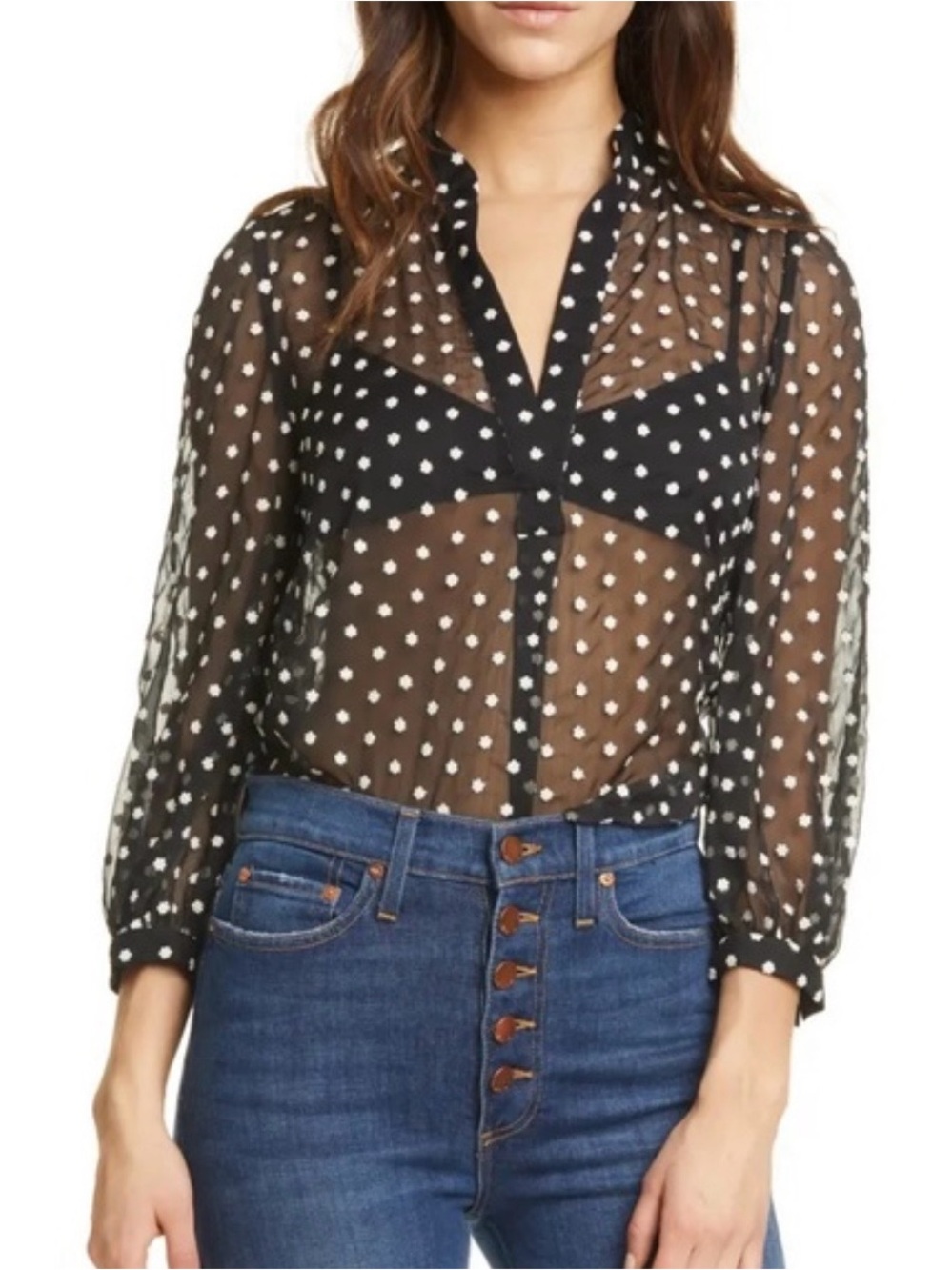 Alice + Olivia Black Embroidered Flowere Sheer Polka Dot Blouse Top Size XS